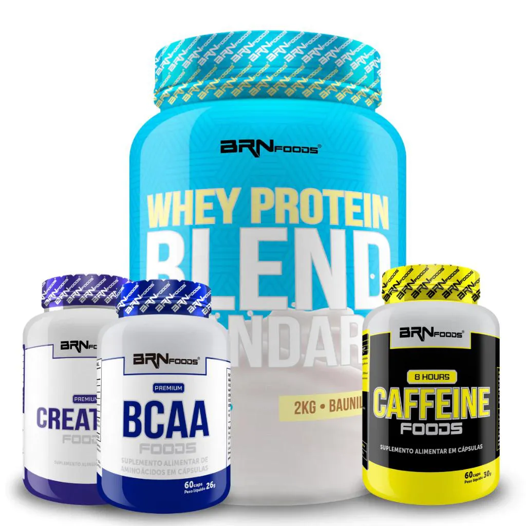 KIT WHEY BLEND 2KG + PREMIUM CREATINA 300G + PREMIUM BCAA 150 CáPS + 8 HOURS CEFFEINE FOODS 60 CáPS - BRN FOODS Baunilha