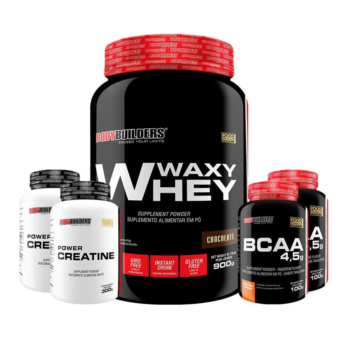 KIT WHEY PROTEIN WAXY WHEY POTE 900G + 2X BCAA 100G + 2X POWER CREATINA 100G- KIT PARA GANHO DE MASSA MUSCULAR-  Chocolate