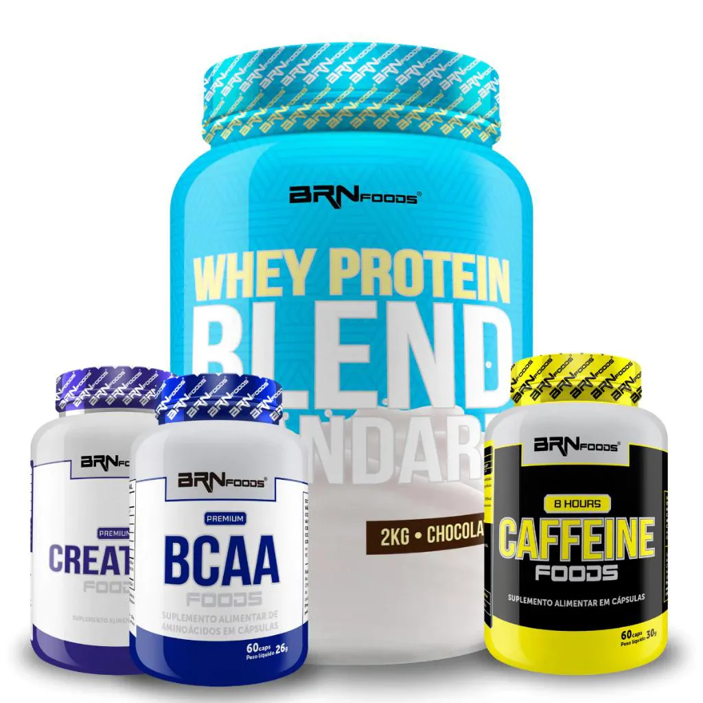 KIT WHEY BLEND 2KG + PREMIUM CREATINA 300G + PREMIUM BCAA 150 CáPS + 8 HOURS CEFFEINE FOODS 60 CáPS - BRN FOODS Chocolate