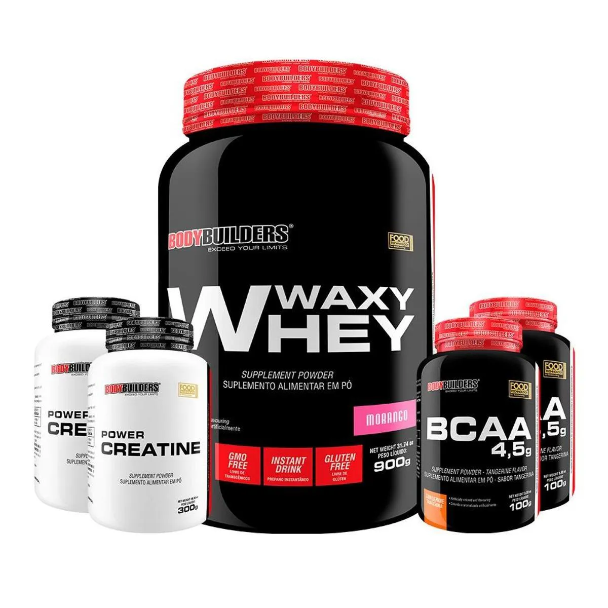 KIT WHEY PROTEIN WAXY WHEY POTE 900G + 2X BCAA 100G + 2X POWER CREATINA 100G- KIT PARA GANHO DE MASSA MUSCULAR-  Morango