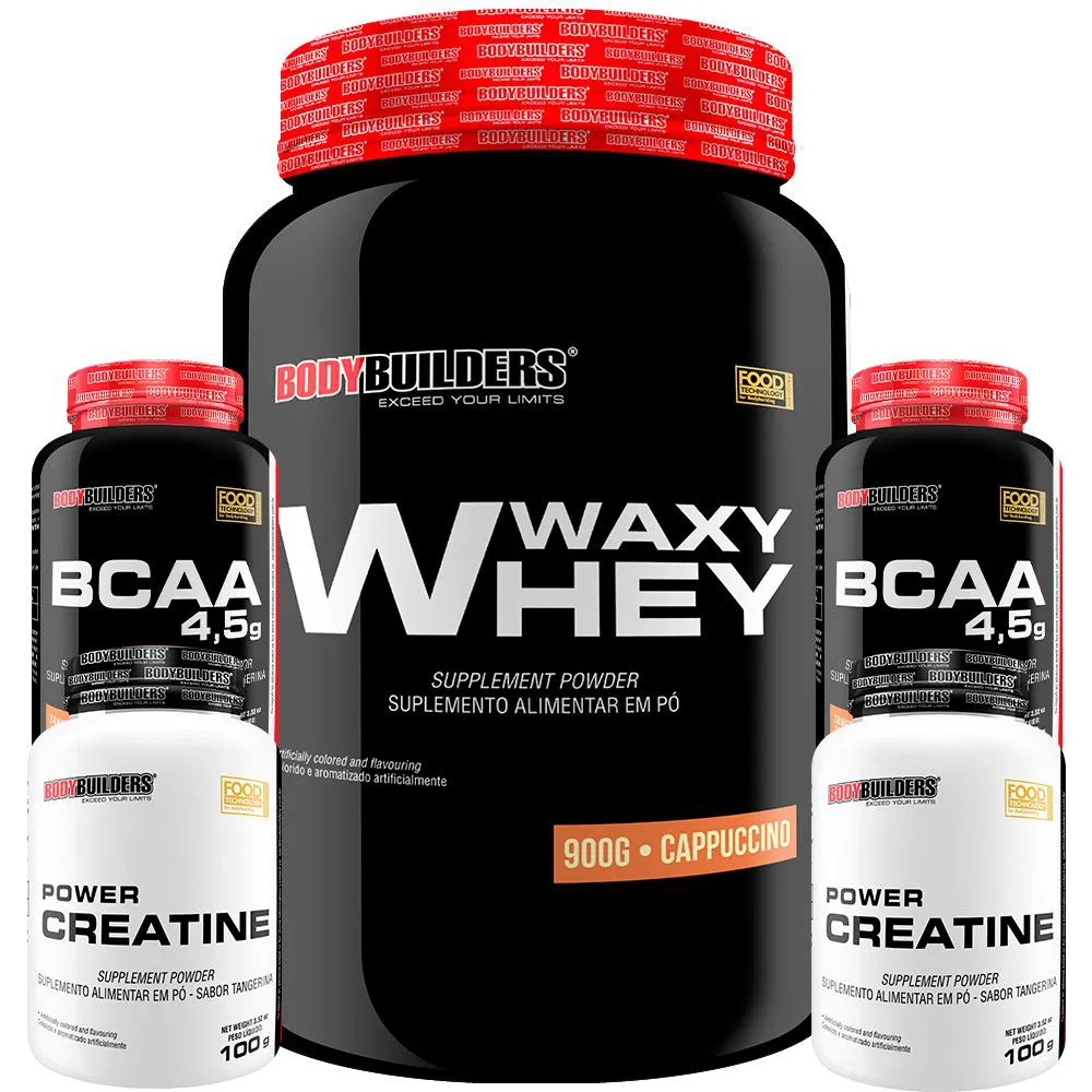 KIT WHEY PROTEIN WAXY WHEY POTE 900G + 2X BCAA 100G + 2X POWER CREATINA 100G- KIT PARA GANHO DE MASSA MUSCULAR- Cappuccino