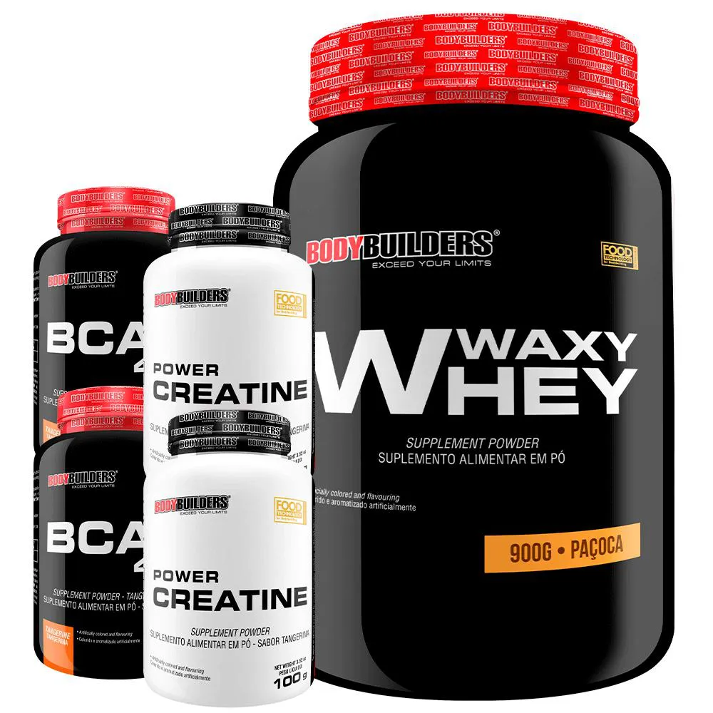 KIT WHEY PROTEIN WAXY WHEY POTE 900G + 2X BCAA 100G + 2X POWER CREATINA 100G- KIT PARA GANHO DE MASSA MUSCULAR-  Paçoca