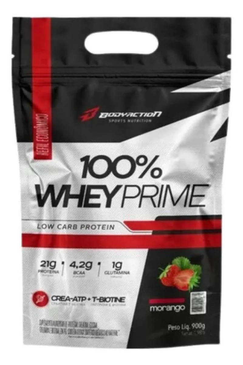 100% WHEY PRIME 900G BODYACTION COM 3G DE CREATINA NA DOSE Morango