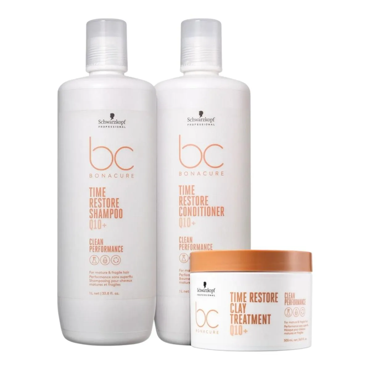 KIT SCHWARZKOPF BC CLEAN PERFORMANCE TIME RESTORE Q10 - SHAMPOO 1L + CONDICIONADOR 1L + MáSCARA 500ML