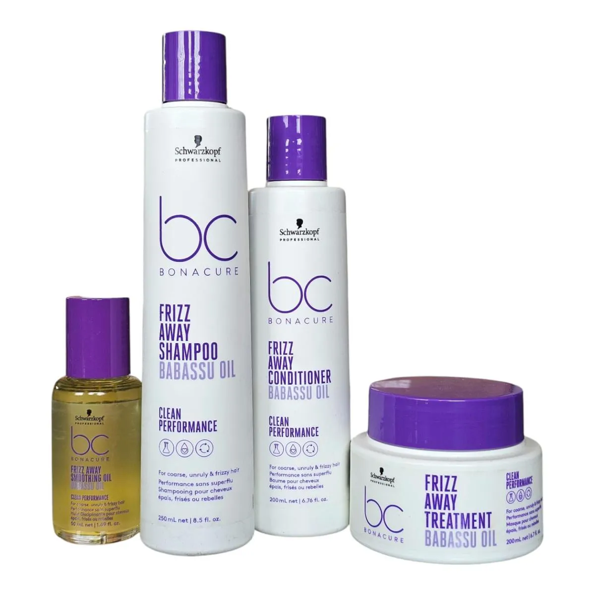 KIT SCHWARZKOPF BC CLEAN PERFORMANCE FRIZZ AWAY - SHAMPOO 250ML + CONDICIONADOR 200ML + MáSCARA 200ML + ÓLEO 50ML