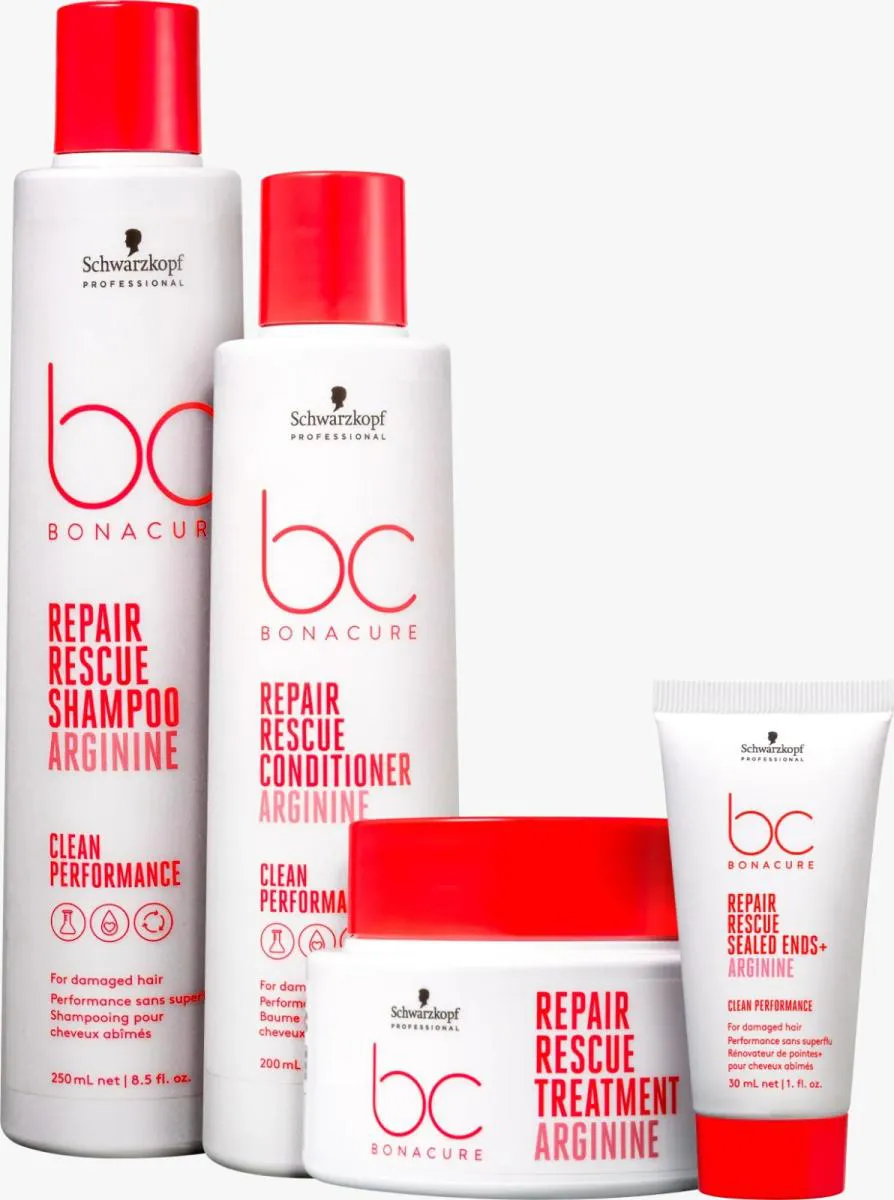 KIT BC BONACURE SCHWARZKOPF REPAIR RESCUE - SHAMPOO 250ML + CONDICIONADOR 200ML + MáSCARA 200ML + SEALED ENDS 100ML 