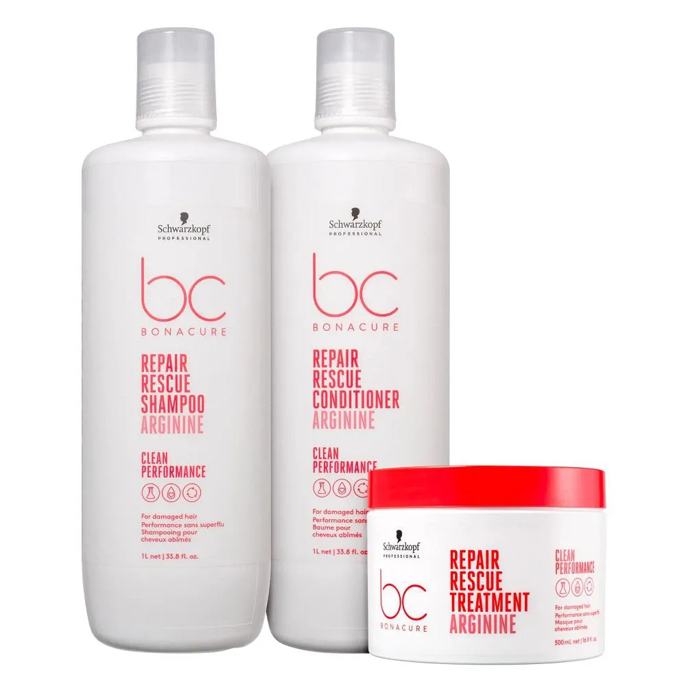 KIT BC BONACURE SCHWARZKOPF REPAIR RESCUE - SHAMPOO 1L + CONDICIONADOR 1L + MáSCARA 500G