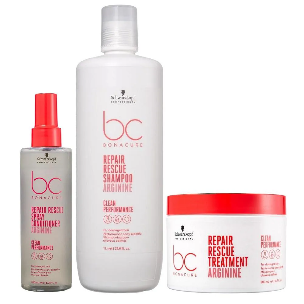 KIT BC BONACURE SCHWARZKOPF REPAIR RESCUE - SHAMPOO 1L + MáSCARA 500G + SPRAY CONDITIONER 200ML
