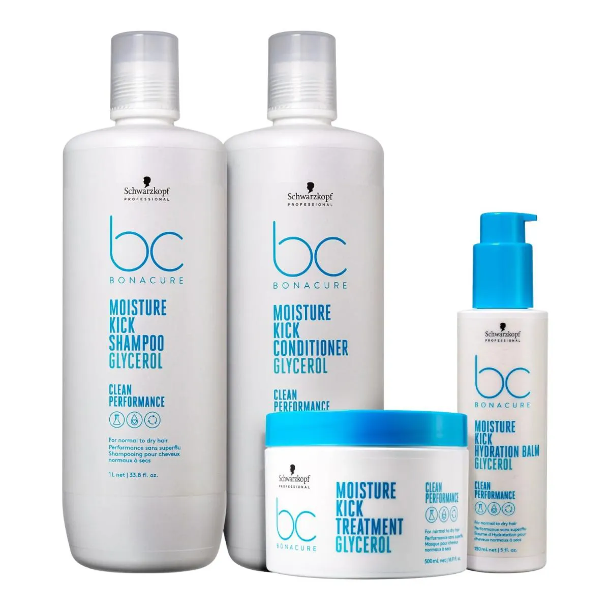 KIT SCHWARZKOPF BC CLEAN PERFORMANCE MOISTURE KICK - SHAMPOO 1L + CONDICIONADOR 1L + MáSCARA 500G + HYDRATION BALM 150ML