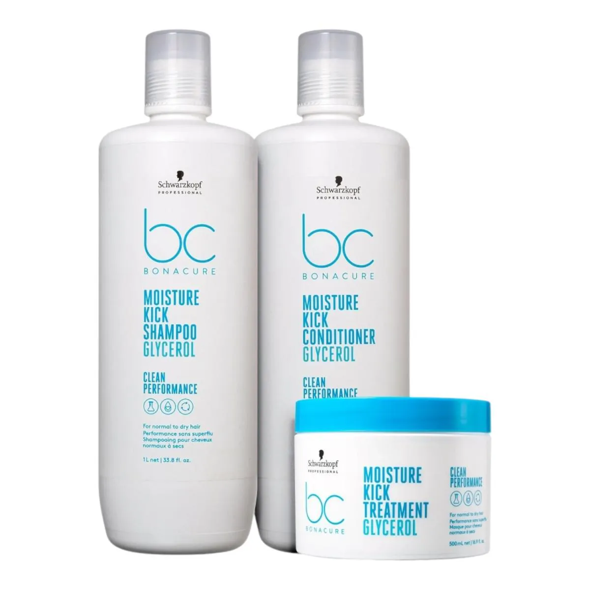 KIT SCHWARZKOPF BC CLEAN PERFORMANCE MOISTURE KICK - SHAMPOO 1L + CONDICIONADOR 1L + MáSCARA 500G