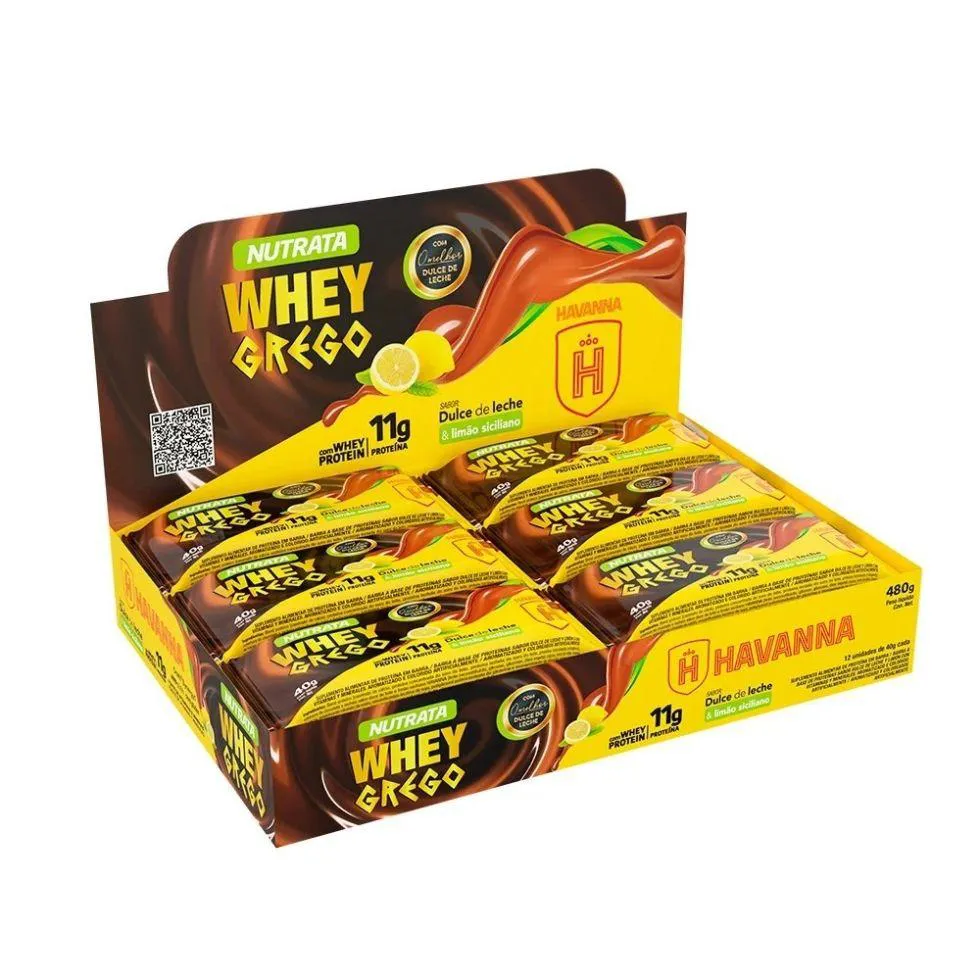 WHEY GREGO BAR CAIXA COM 12 UNIDADES (480G) - SABOR: DULCE DE LECHE E LIMãO SICILIANO