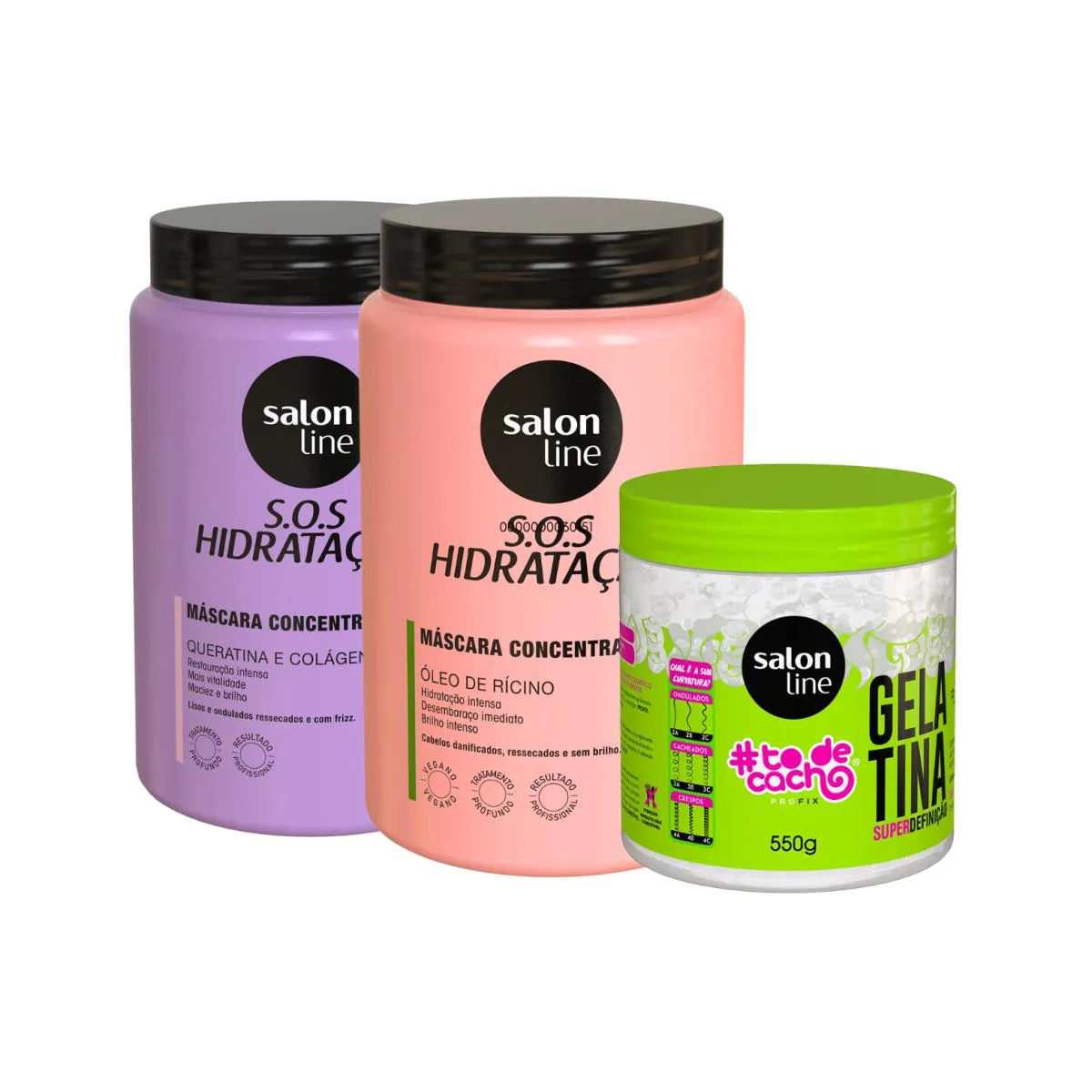 KIT 2 MáSCARA HIDRATAçãO GELATINA CACHO DEFINIçãO SALON LINE