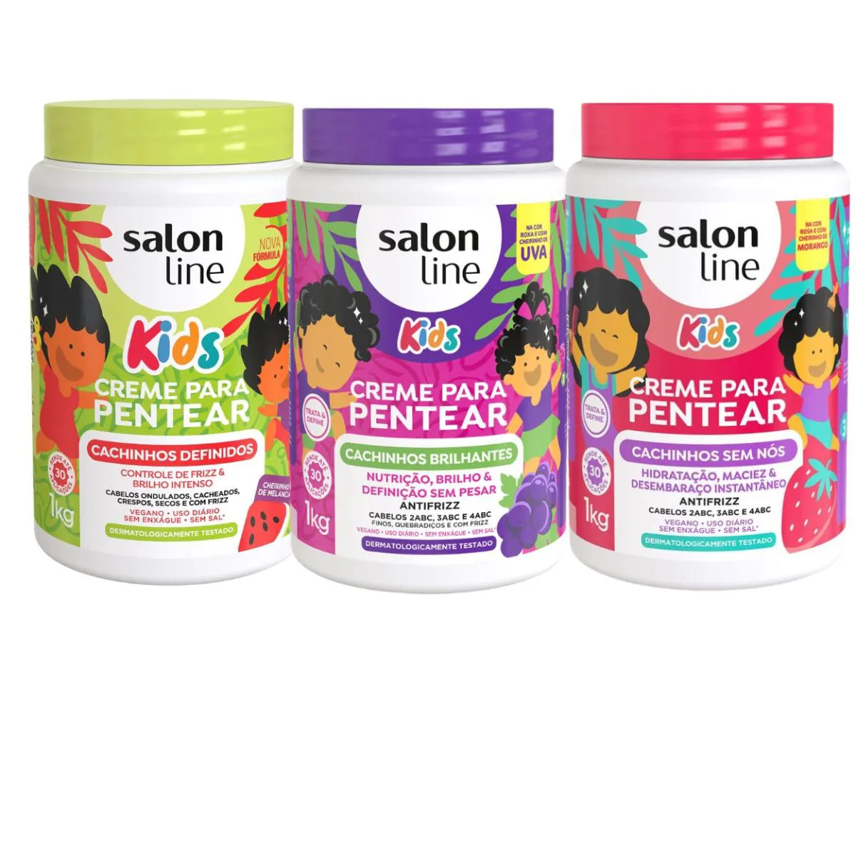 KIT 3 CREME PENTEAR KIDS CACHO DEFINE MORANGO UVA SALON LINE