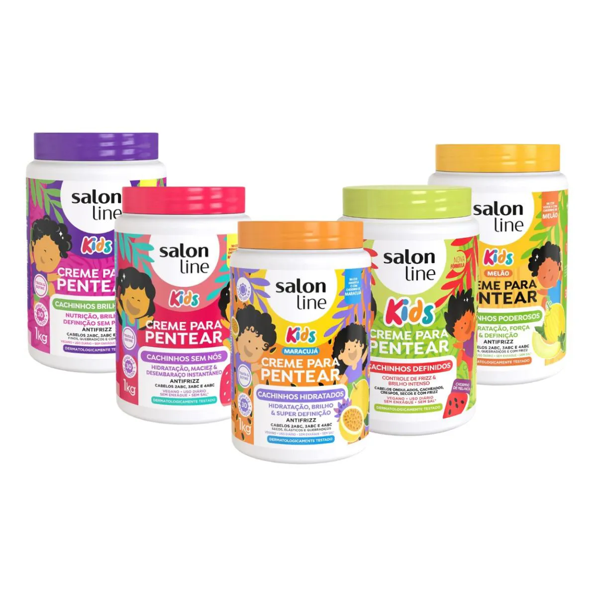 KIT 5 CREME MELãO MARACUJá UVA MORANGO CACHO KIDS SALON LINE