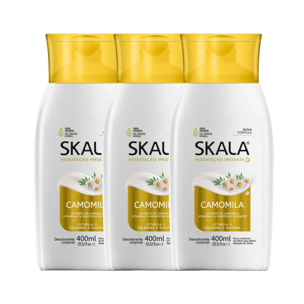 KIT 3 LOçãO CREME HIDRATANTE CORPORAL CAMOMILA VEGANO SKALA