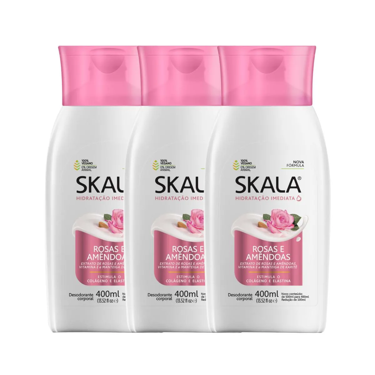 KIT 3 LOçãO CREME HIDRATANTE CORPORAL ROSAS E AMêNDOAS SKALA