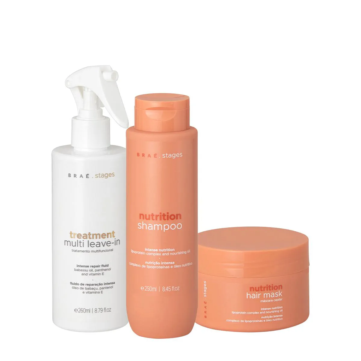 KIT BRAé STAGES NUTRITION SHAMPOO MáSCARA MULTI LEAVE-IN (3 PRODUTOS)