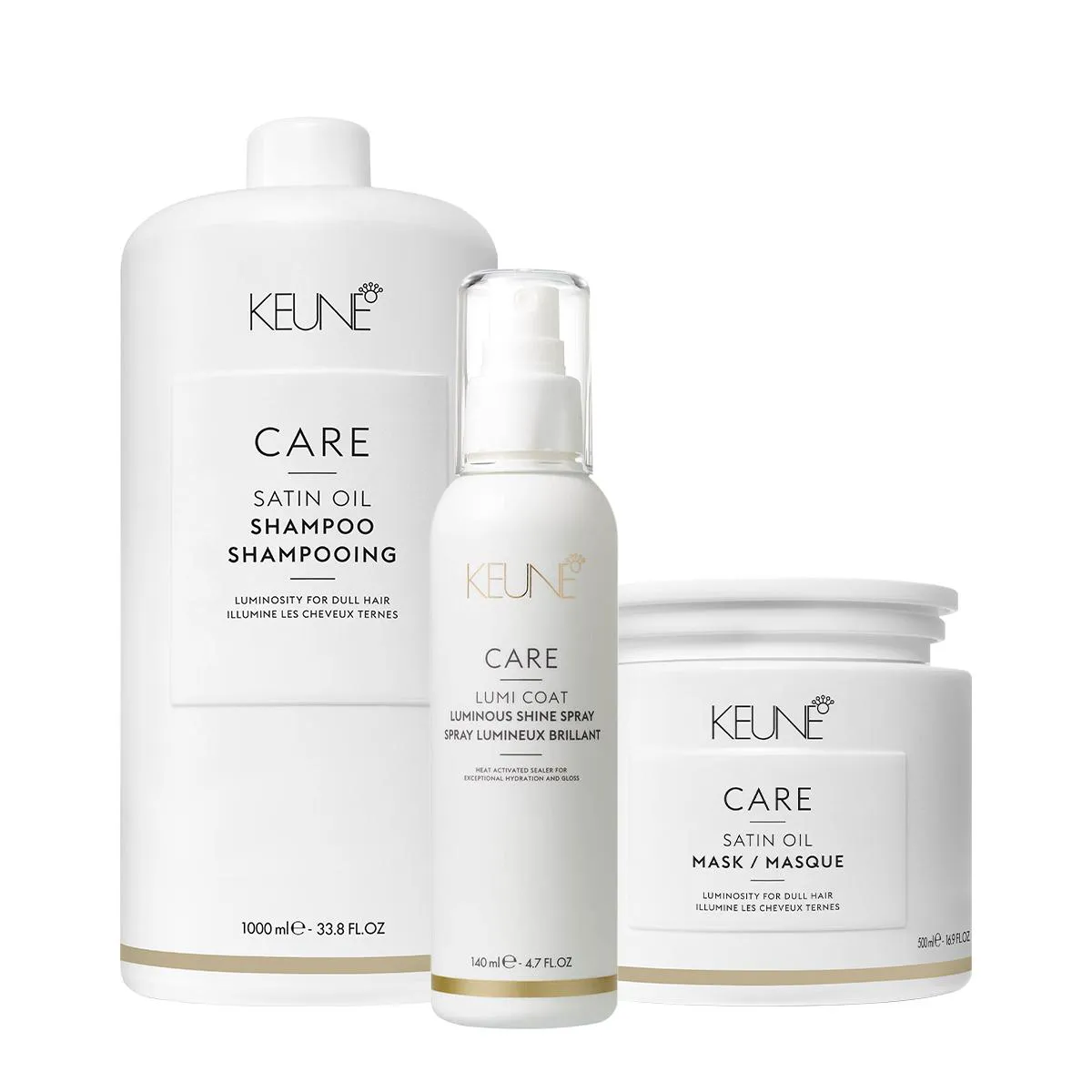 KIT KEUNE CARE SATIN OIL SHAMPOO LITRO MáSCARA G E LUMI COAT FINALIZADOR (3 PRODUTOS)