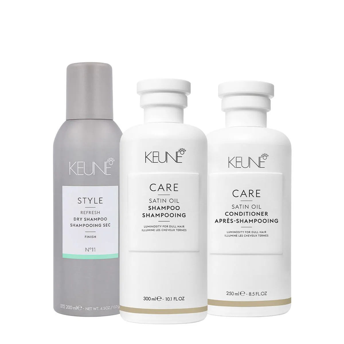 KIT KEUNE CARE SATIN OIL SHAMPOO CONDICIONADOR E STYLE DRY Nº11 (3 PRODUTOS)