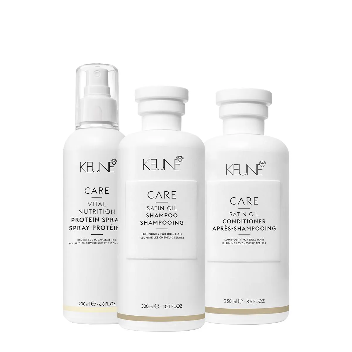 KIT KEUNE CARE SATIN OIL SHAMPOO CONDICIONADOR E VITAL NUTRITION PROTEIN SPRAY CONDICIONANTE (3 PRODUTOS)