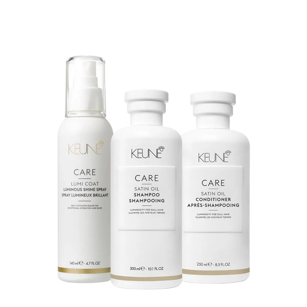 KIT KEUNE CARE SATIN OIL SHAMPOO CONDICIONADOR E LUMI COAT FINALIZADOR (3 PRODUTOS)