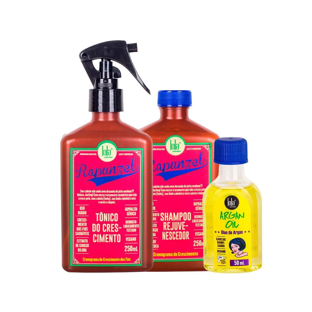 KIT LOLA FROM RIO - LEAVE-IN ARGAN OIL  50ML + SHAMPOO RAPUNZEL  250ML + TôNICO RAPUNZEL  250ML