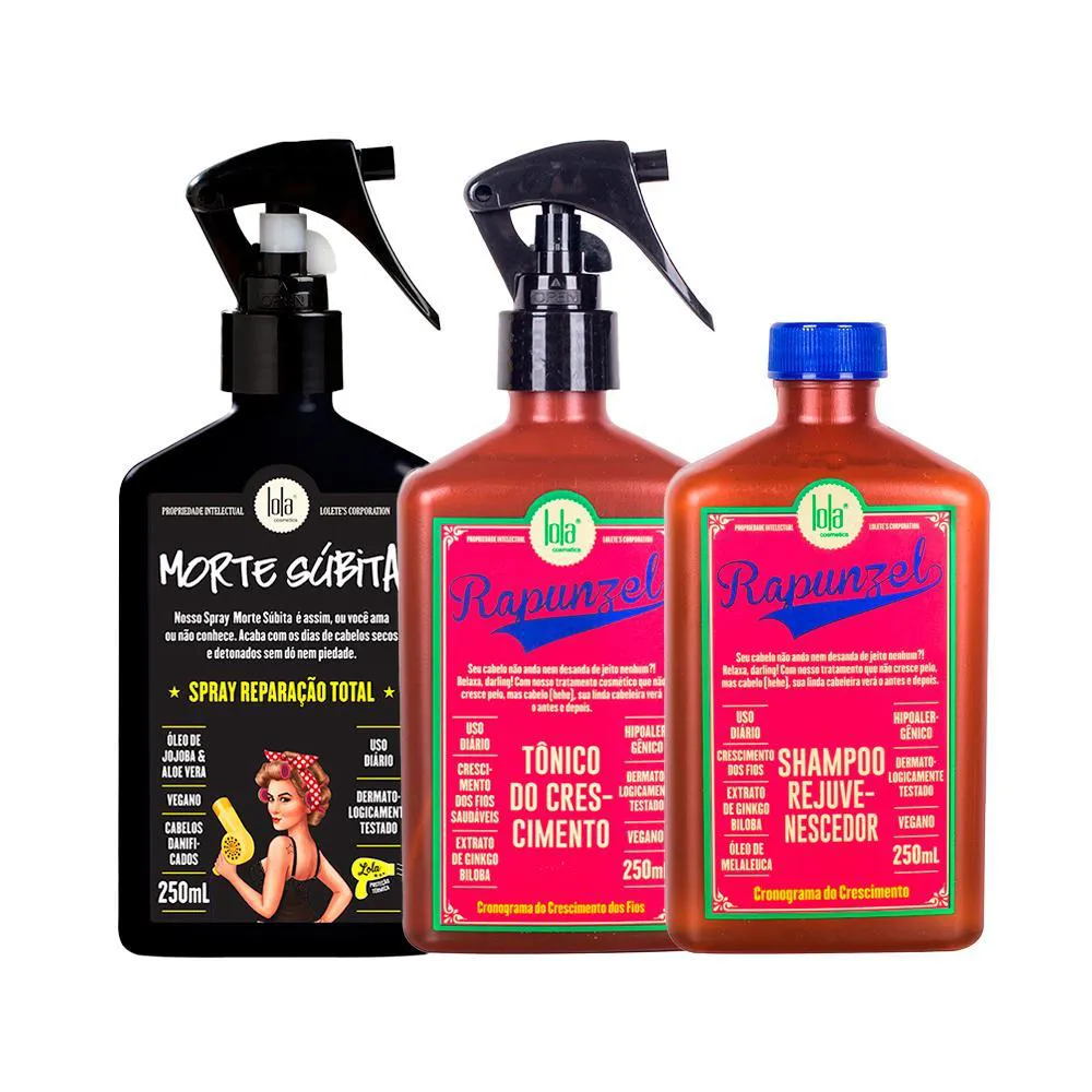 KIT LOLA FROM RIO - LEAVE-IN MORTE SúBITA 250ML + SHAMPOO RAPUNZEL  250ML + TôNICO  RAPUNZEL 250ML