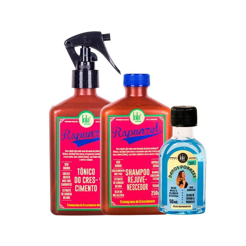 KIT LOLA FROM RIO - ÓLEO DANOS VORAZES 50ML + SHAMPOO RAPUNZEL  250ML+  TôNICO RAPUNZEL 250ML