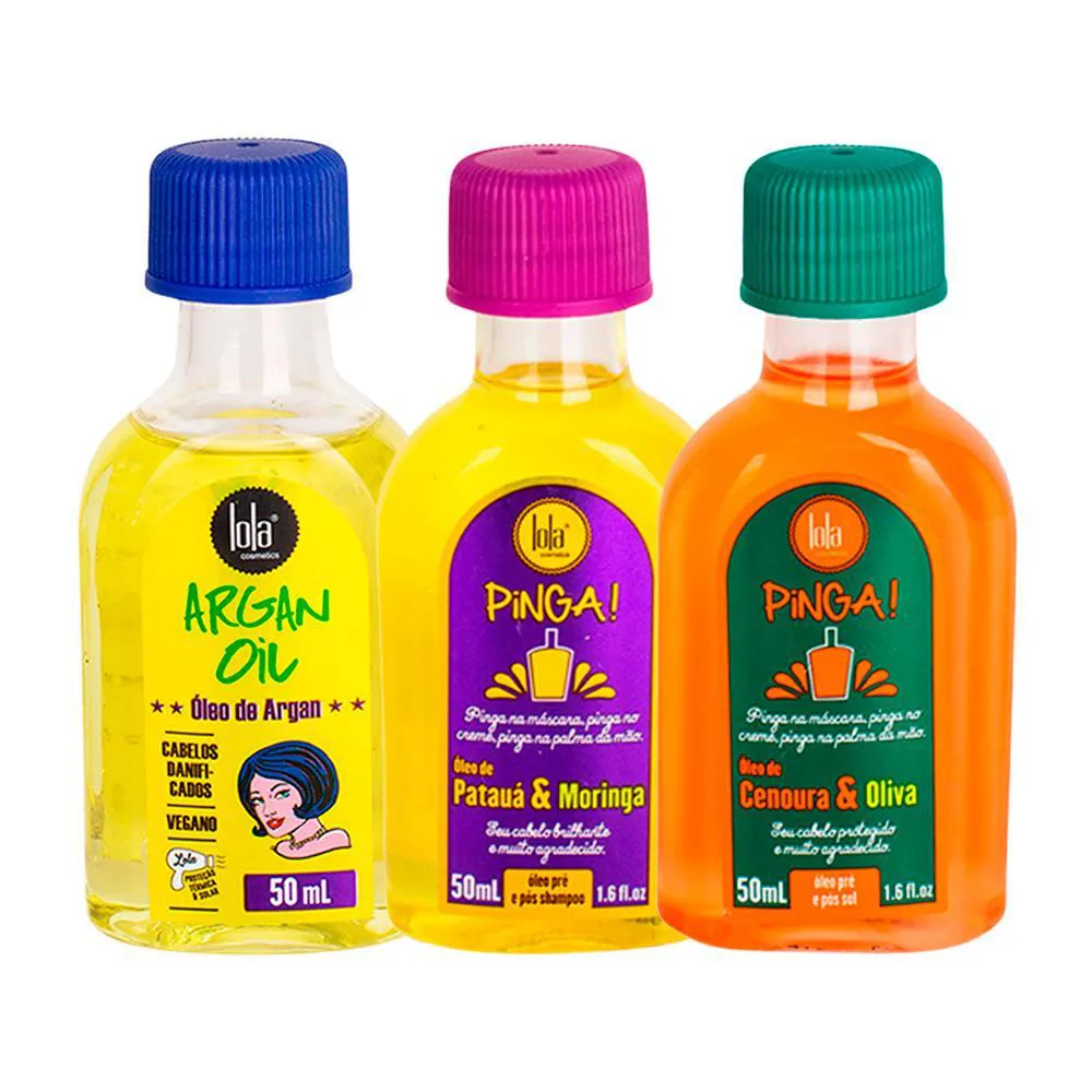 KIT LOLA FROM RIO - LEAVE-IN ARGAN OIL 50ML + ÓLEO PINGA! PATAUá & MORINGA 50ML + ÓLEO PINGA! CENOURA & OLIVA 50ML