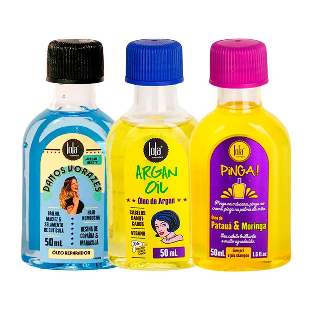 KIT LOLA FROM RIO - ÓLEO DANOS VORAZES 50ML + LEAVE-IN ARGAN OIL 50ML + ÓLEO PINGA! PATAUá & MORINGA 50ML