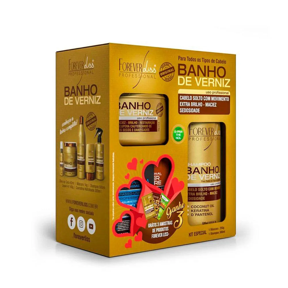 KIT FOREVER LISS BANHO VERNIZ SHAMPOO 300ML + MáSCARA 250G + 3 AMOSTRAS