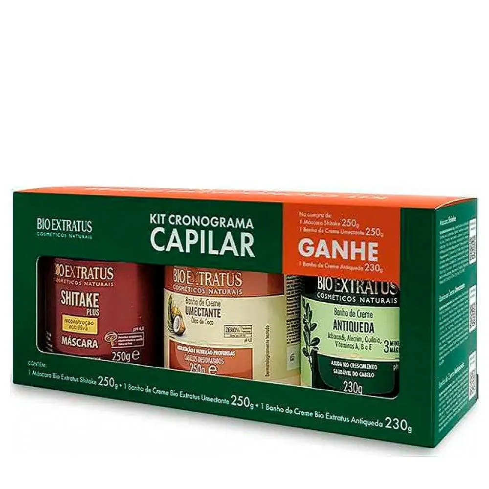 KIT CRONOGRAMA CAPILAR BIO EXTRATUS MáSCARA SHITAKE 250G + MáSCARA UMECTANTE ÓLEO COCO 250G + GANHE MáSCARA ANTIQUEDA 230G