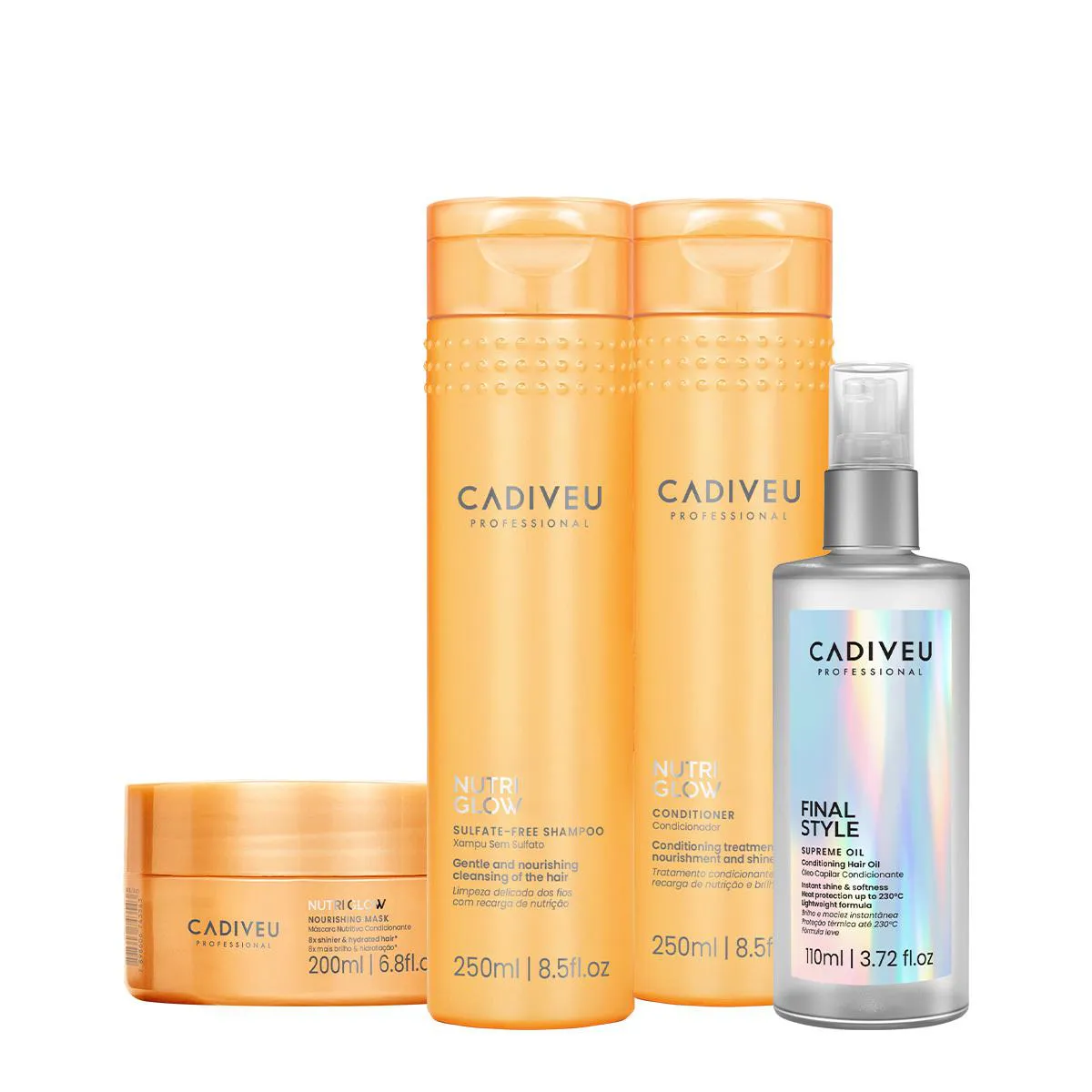 KIT CADIVEU PROFESSIONAL NUTRI GLOW HOME CARE E SUPREME FINAL STYLE OIL (4 PRODUTOS)
