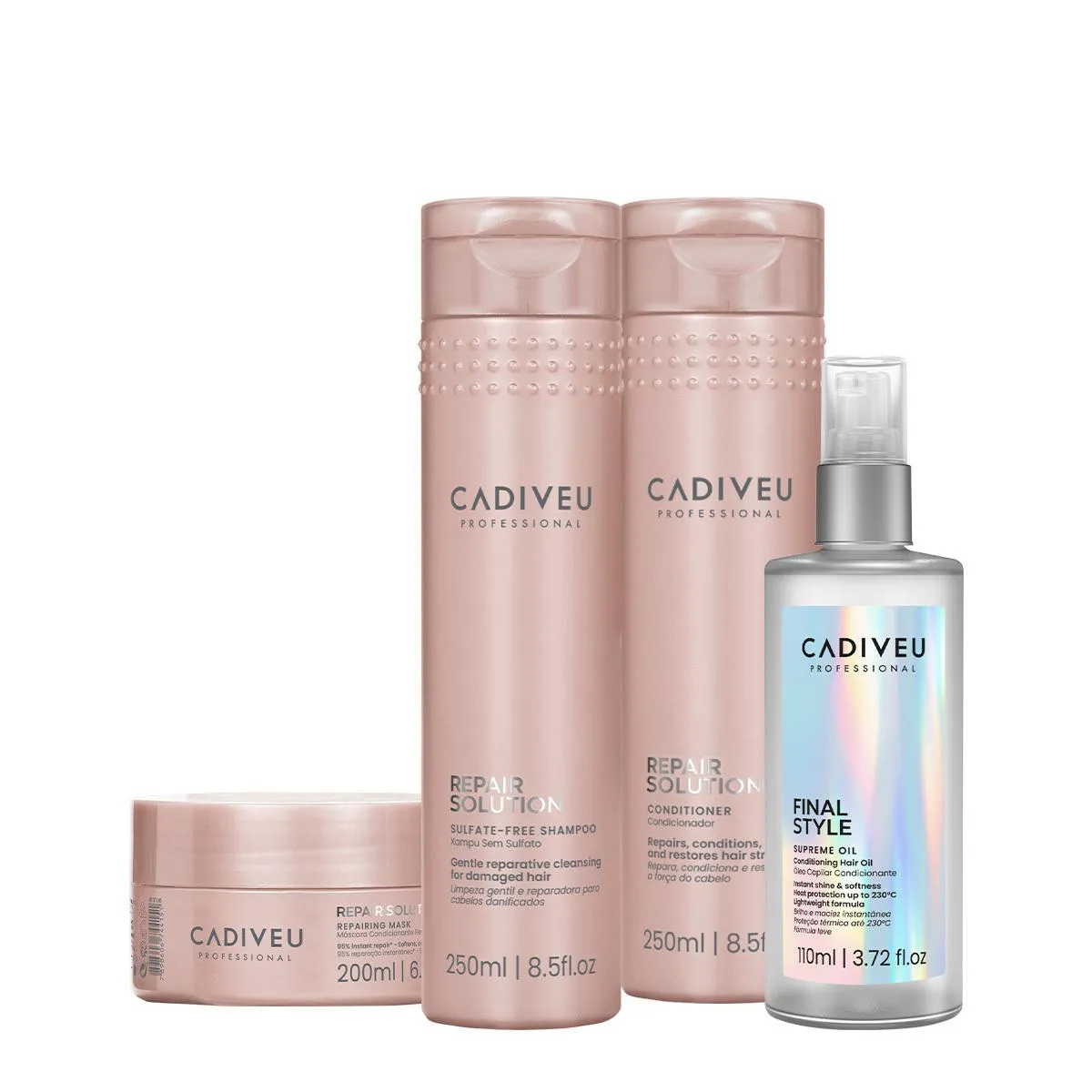 KIT CADIVEU PROFESSIONAL REPAIR SOLUTION HOME CARE E SUPREME FINAL STYLE OIL (4 PRODUTOS)