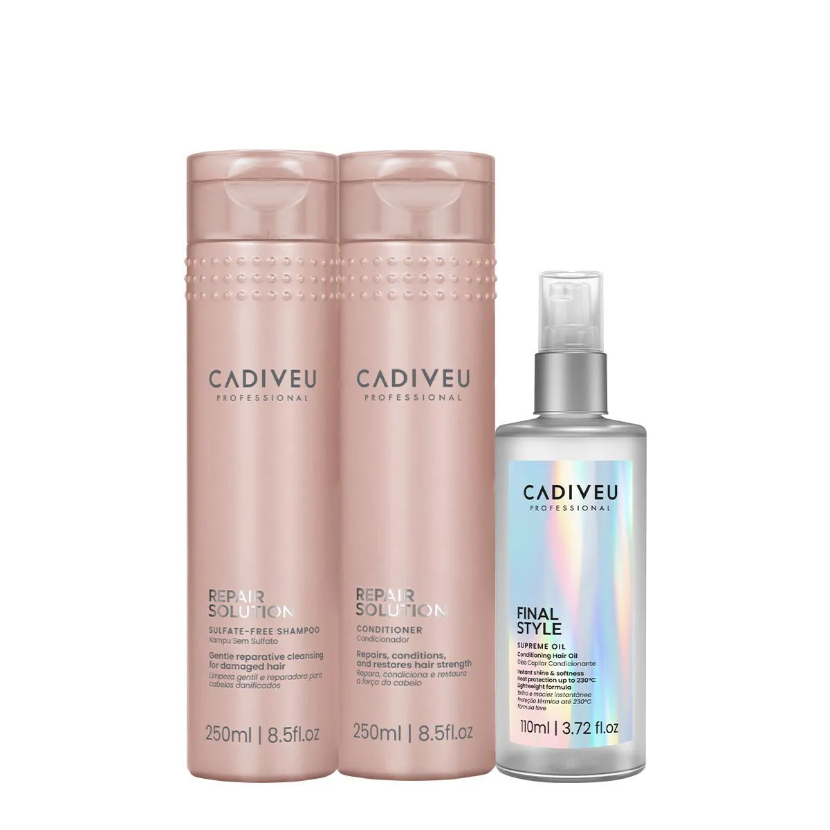 KIT CADIVEU PROFESSIONAL REPAIR SOLUTION DUO E SUPREME FINAL STYLE OIL (3 PRODUTOS)