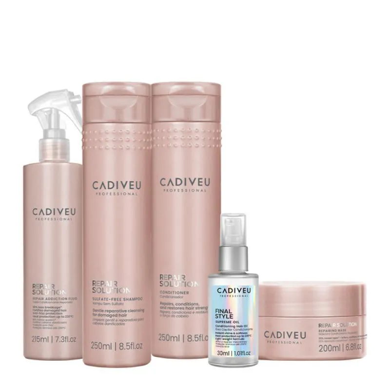 KIT CADIVEU PROFESSIONAL REPAIR SOLUTION HOME CARE TOTAL E FINAL STYLE OIL (5 PRODUTOS)