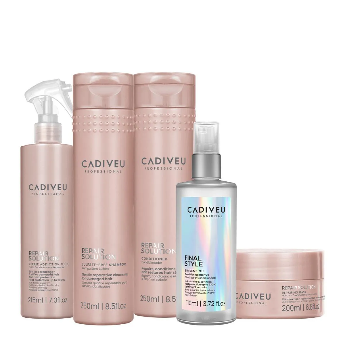 KIT CADIVEU PROFESSIONAL REPAIR SOLUTION HOME CARE TOTAL E SUPREME FINAL STYLE OIL (5 PRODUTOS)