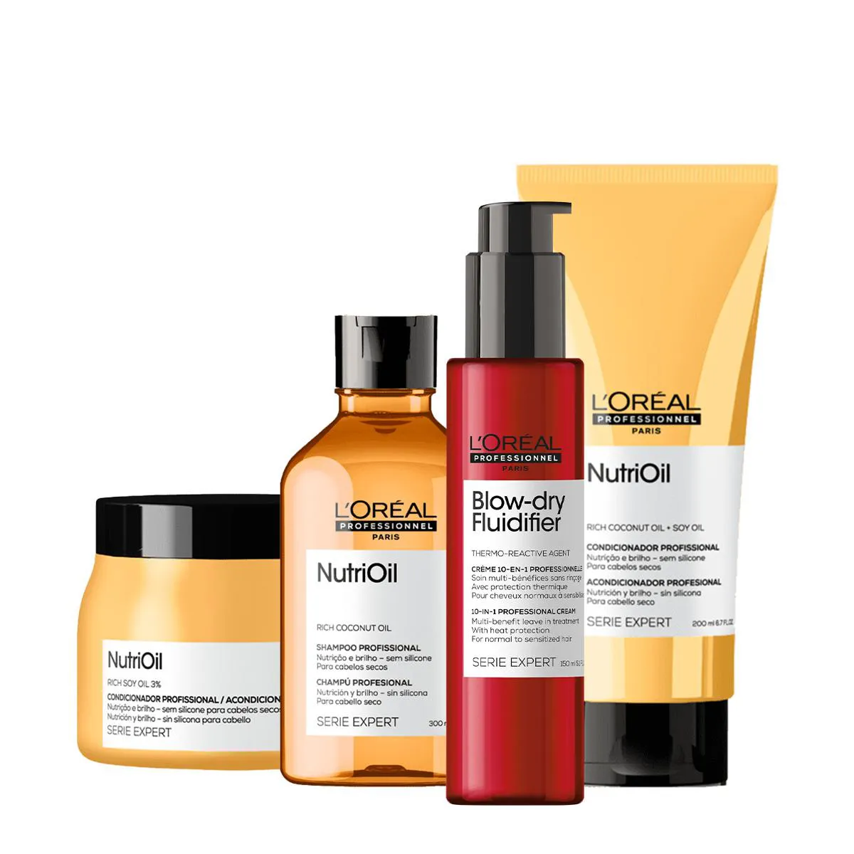 KIT L´ORéAL PROFESSIONNEL NUTRIOIL SHAMPOO CONDICIONADOR MáSCARA E BLOW DRY FLUIDIFIER LEAVE-IN (4 PRODUTOS)