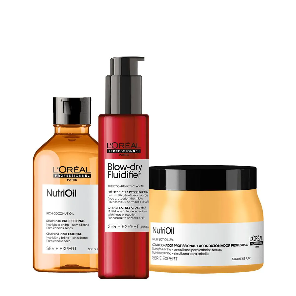 KIT LORéAL PROFESSIONNEL SERIE EXPERT NUTRIOIL SHAMPOO MáSCARA E BLOW DRY FLUIDIFIER LEAVE-IN (3 PRODUTOS)