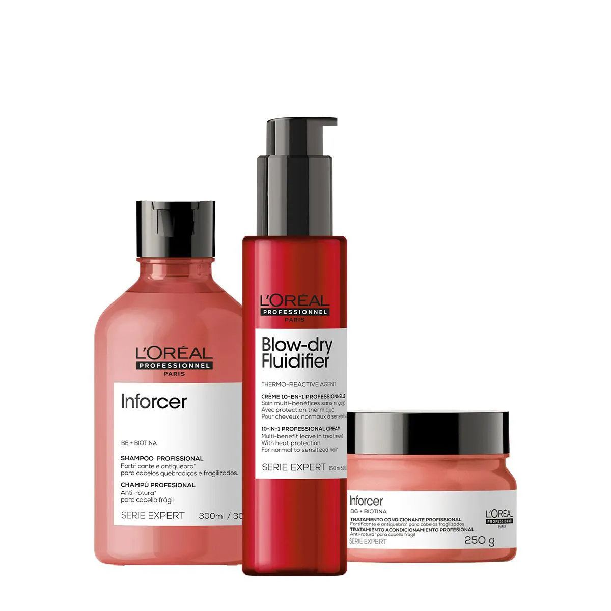 KIT L´ORéAL PROFESSIONNEL INFORCER SERIE EXPERT SHAMPOO MáSCARA E BLOW DRY FLUIDIFIER LEAVE-IN (3 PRODUTOS)