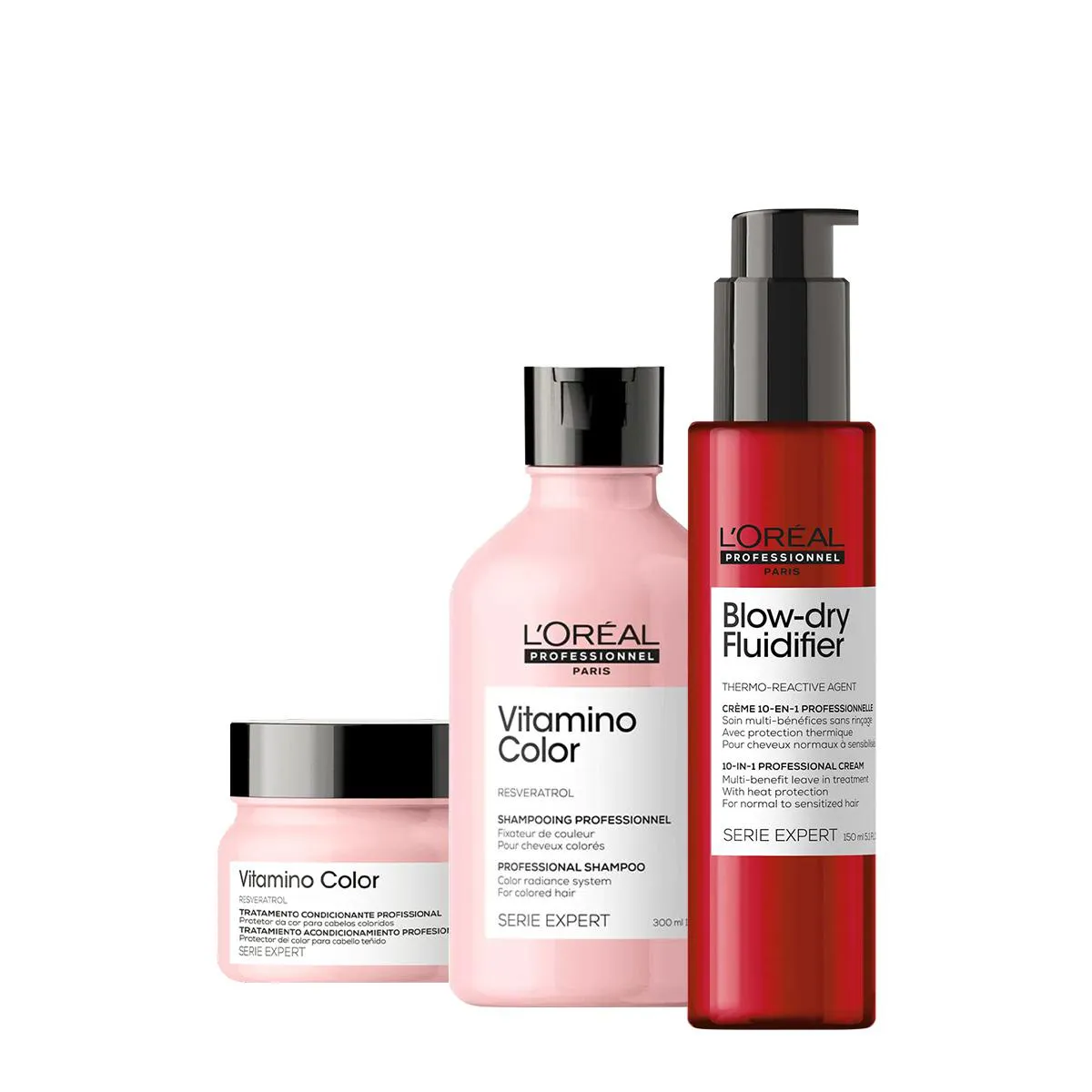KIT LORéAL PROFESSIONNEL VITAMINO COLOR RESVERATROL SHAMPOO MáSCARA E BLOW DRY FLUIDIFIER LEAVE-IN (3 PRODUTOS)