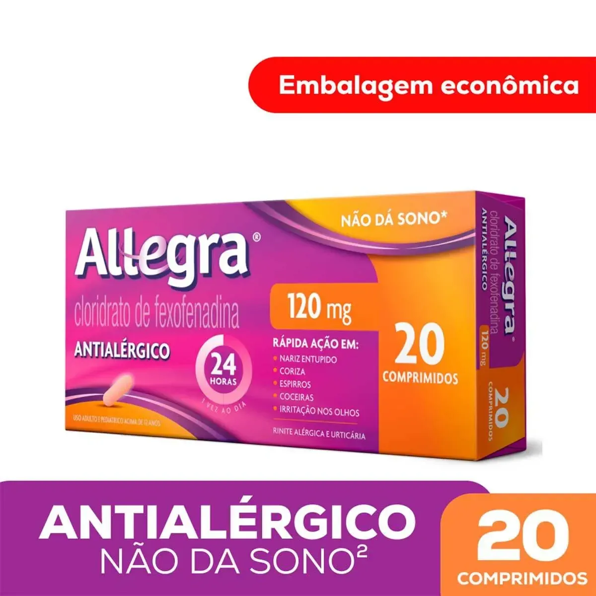 Antialérgico Allegra Cloridrato de Fexofenadina 120mg 20 comprimidos