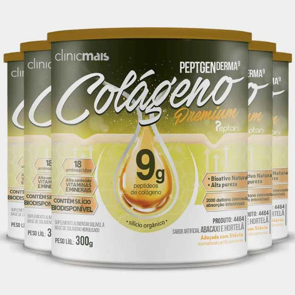 KIT 5 COLáGENO HIDROLISADO PREMIUM 9G CLINIC MAIS 300G ABACAXI COM HORTELã