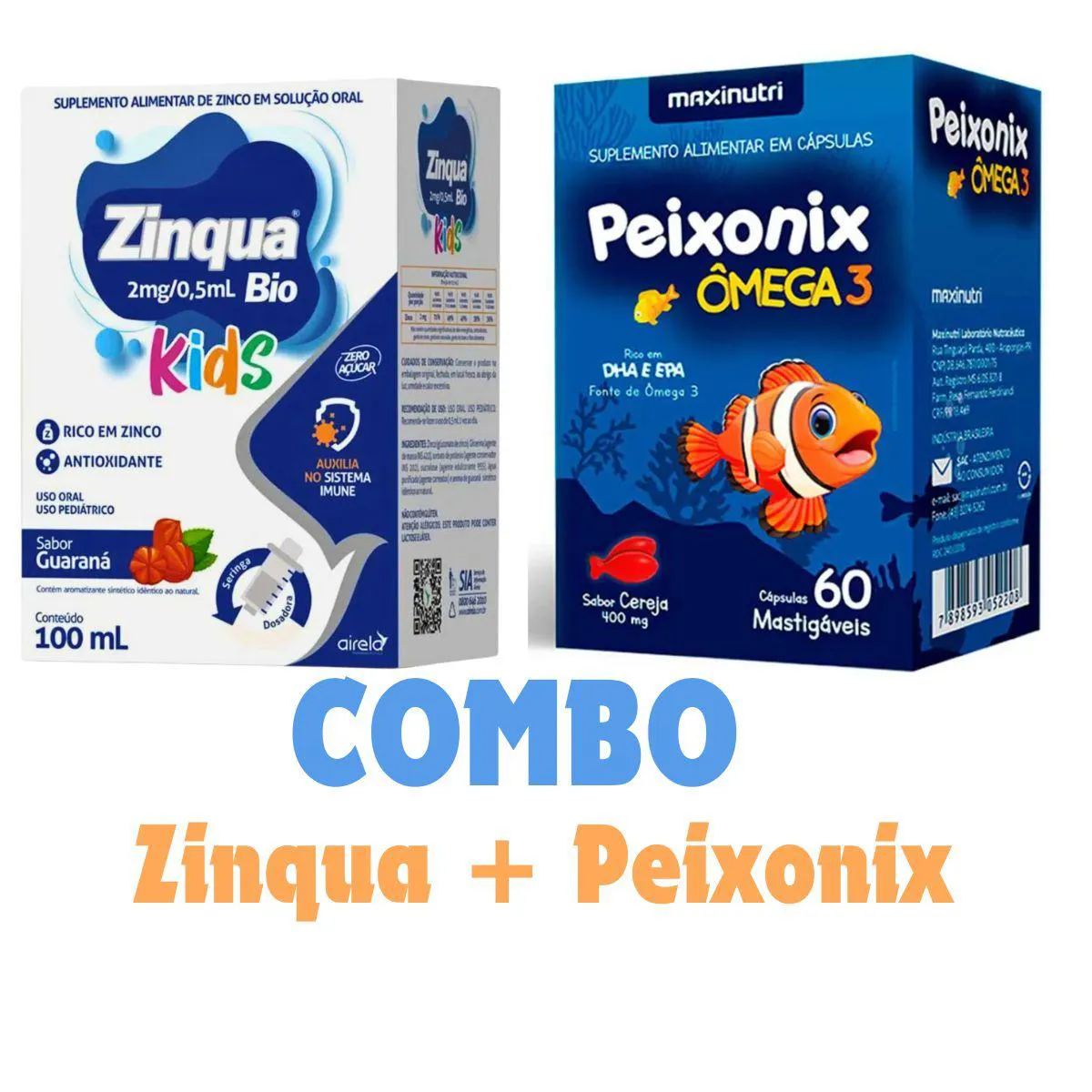 KIT PEIXONIX ÔMEGA 3 MASTIGAVEL 60CP E   ZINQUA BIO KIDS 100 ML