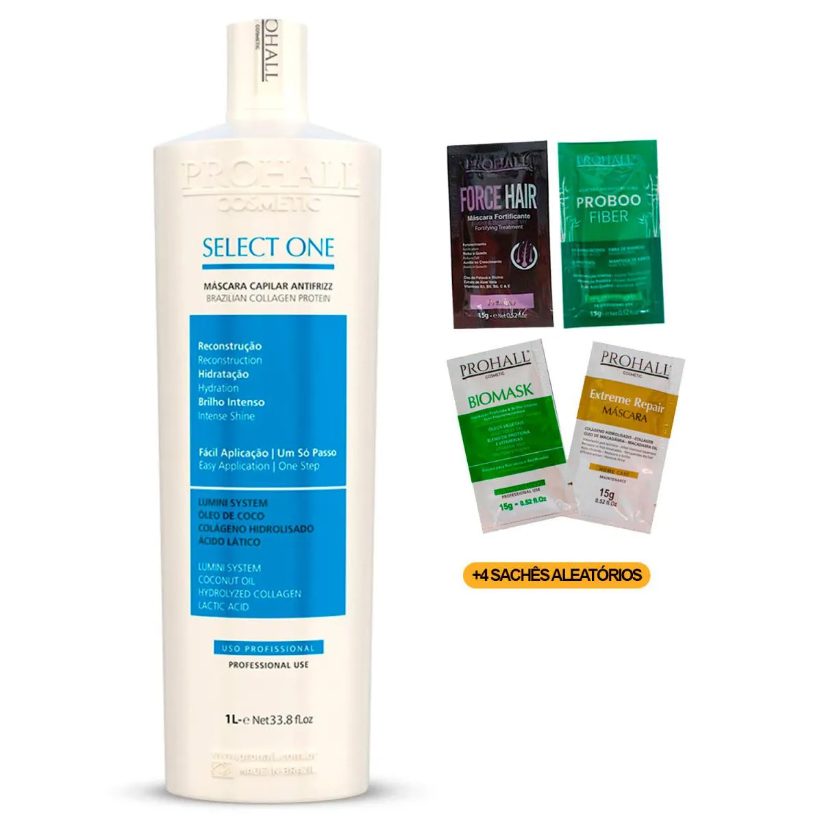 ALISAMENTO SELECT ONE PROHALL 1 LITRO + 4 SACHêS 15G PROHALL