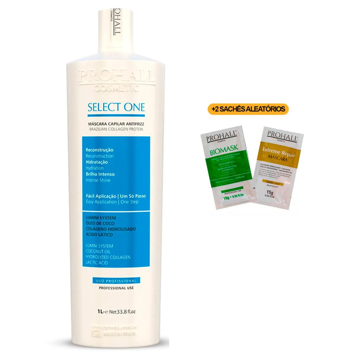 SELECT ONE PROHALL ORIGINAL 1 LITRO + 2 SACHêS 15G PROHALL