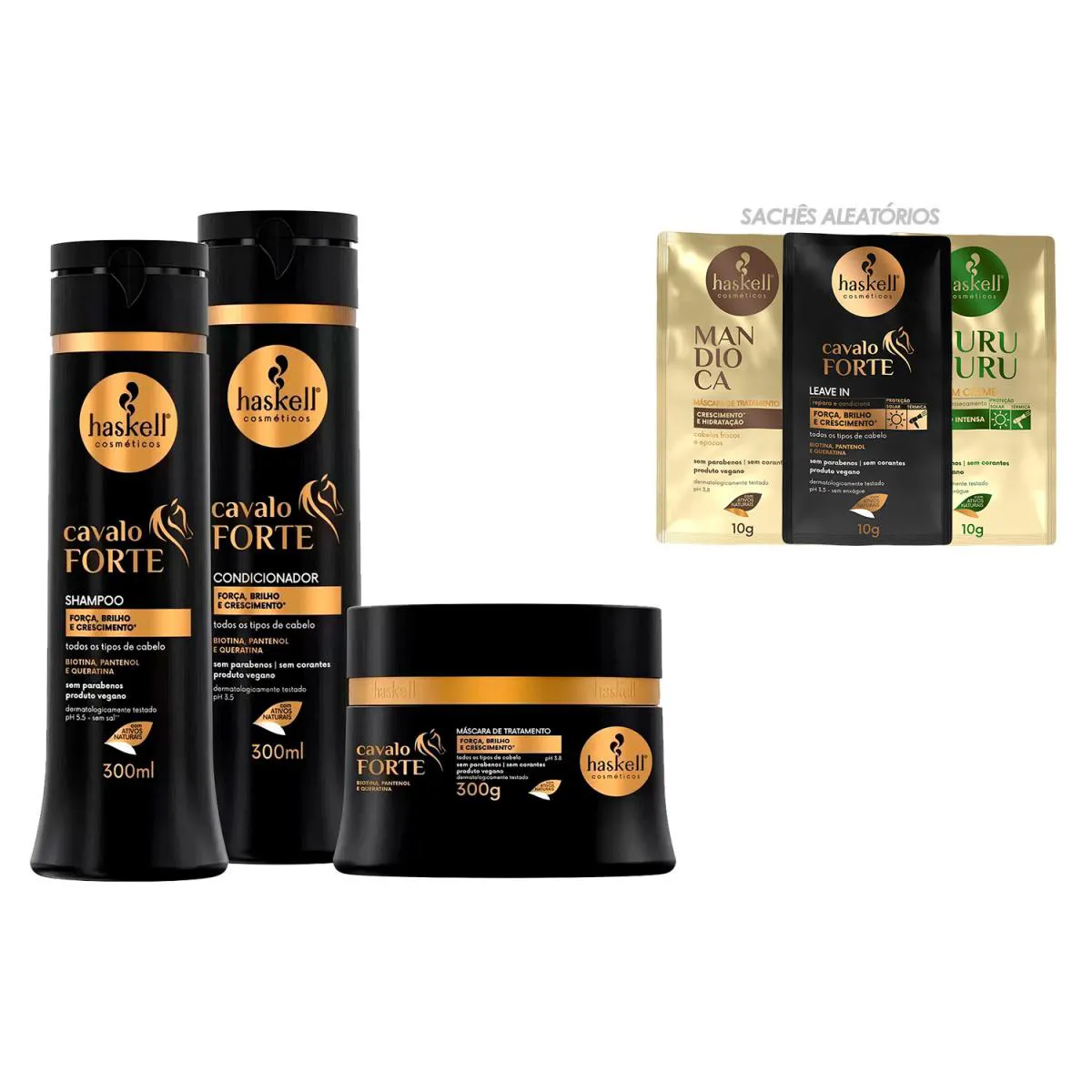 KIT HASKELL CAVALO FORTE CRESCE CABELO TRIO 300ML/G + 3SACHê