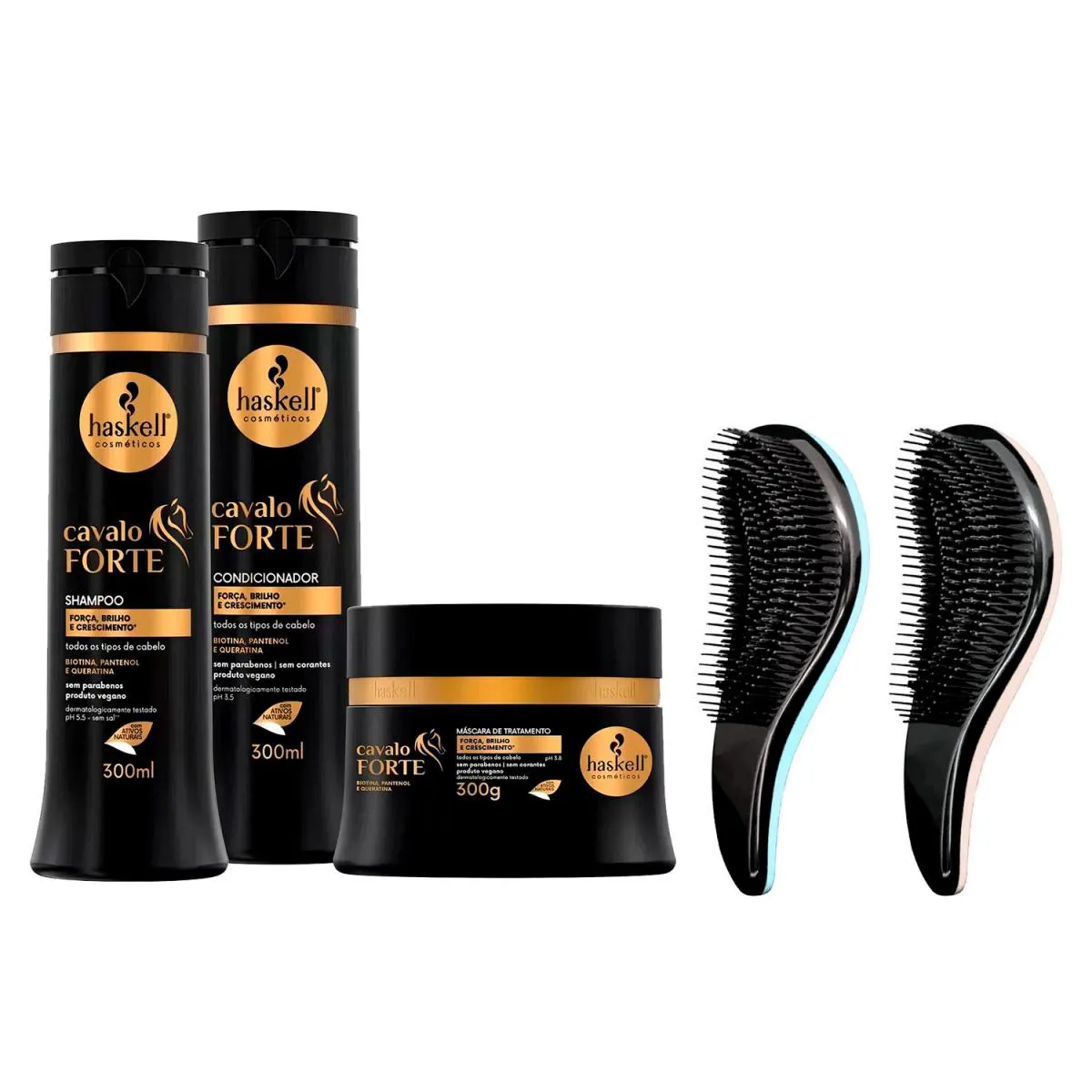 KIT HASKELL CAVALO FORTE CRESCE CABELO TRIO 300ML +2 ESCOVAS