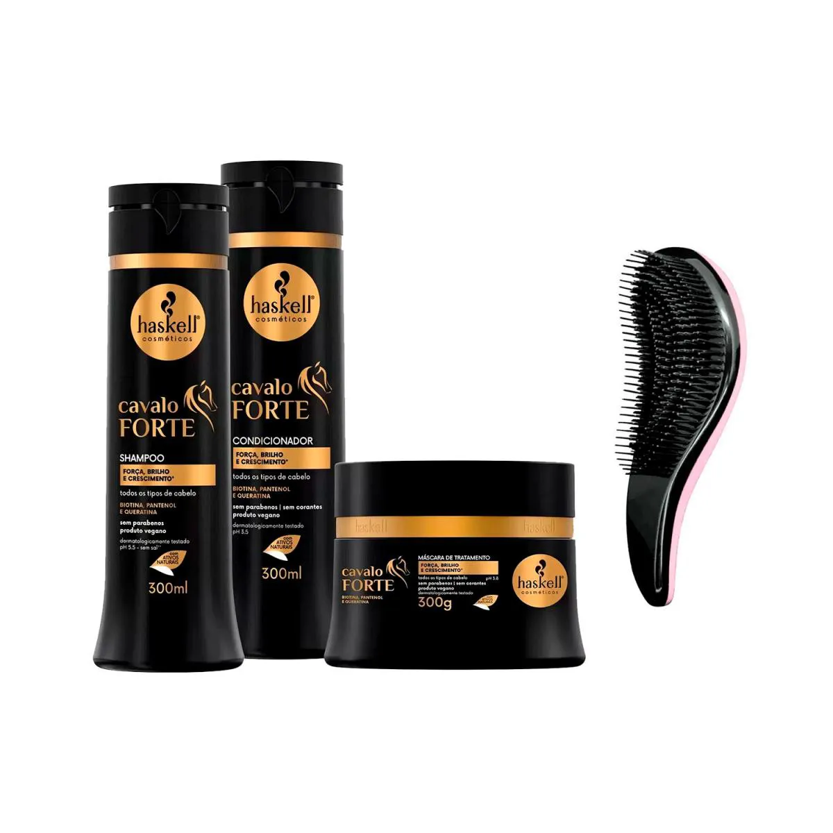 KIT HASKELL CAVALO FORTE CRESCE CABELO TRIO 300ML + ESCOVA