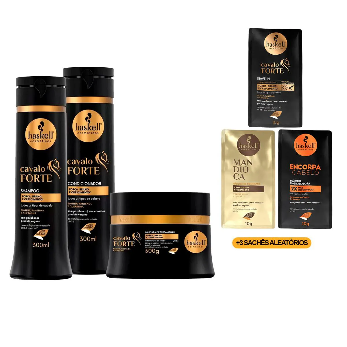 KIT HASKELL CAVALO FORTE TRIO CRESCE CABELO 300ML +3 SACHêS